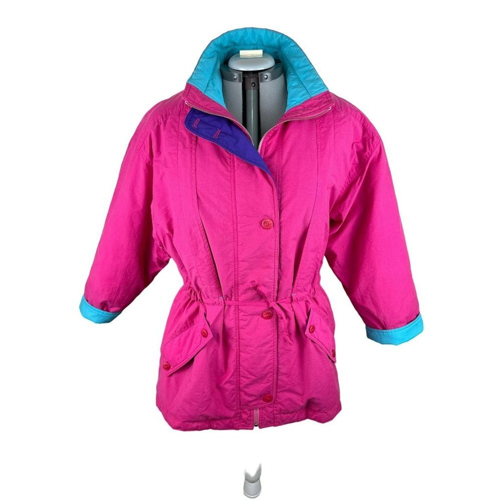 Vintage Shell Jacket Women's XL 80s Bright Pink Cinch Waist Lined Windbreaker